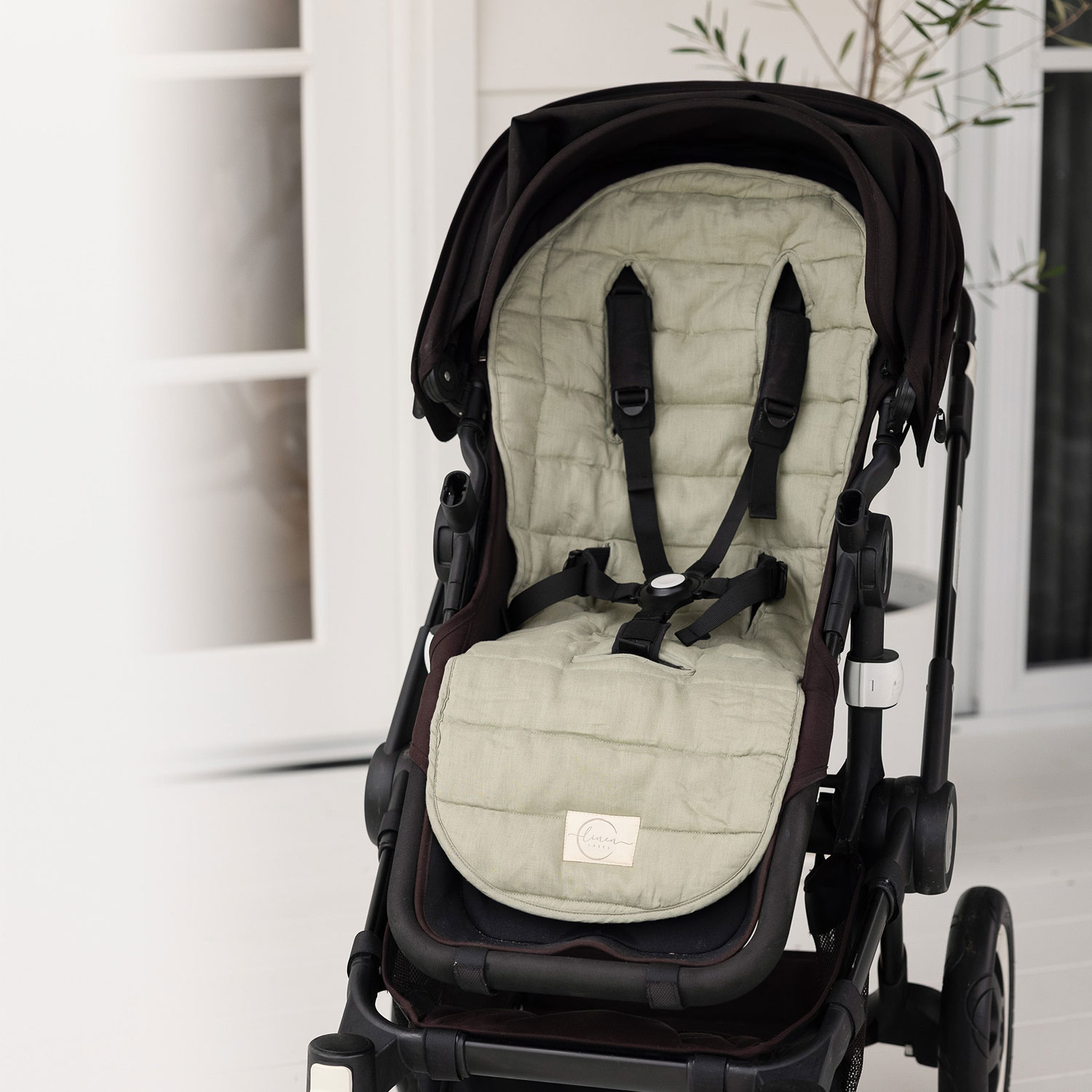 Soft Sage Pinstripe Pram liner by Linen Label One Fine Baby