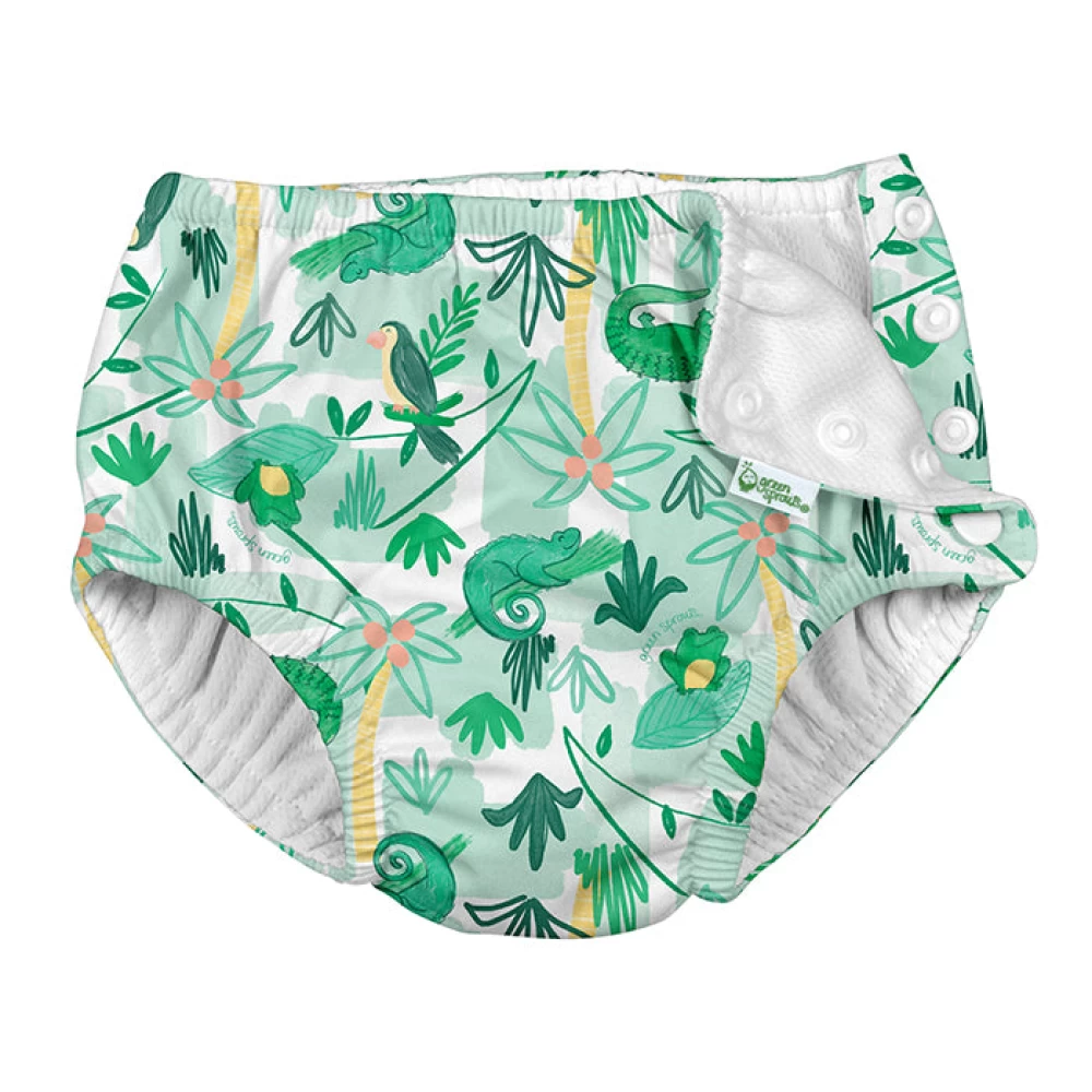 Snap Reusable Absorbent Swimsuit Diaper in Green Tropical Jungle
